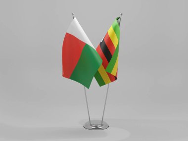 Zimbabwe - Madagaskar İşbirliği Bayrakları, Beyaz Arkaplan - 3D Render