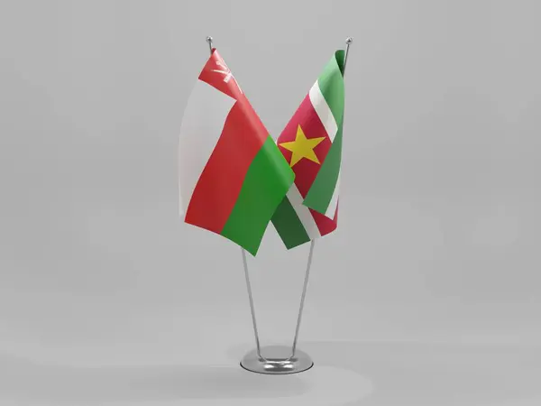 Suriname Ománi Együttműködési Zászlók Fehér Háttér Render — Stock Fotó