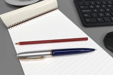 notepad, Modern bilgisayar klavye ve fare, çalışma masası, 3D oluşturma