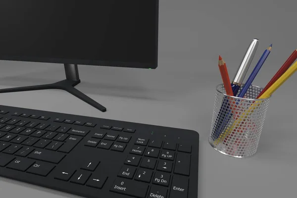 Modern Bilgisayar Monitörü Klavye Çalışma Masası Görüntüleme — Stok fotoğraf