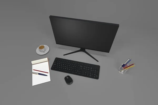 Modern Computer Monitor Keyboard Mouse Work Desk Render — Stock Photo, Image