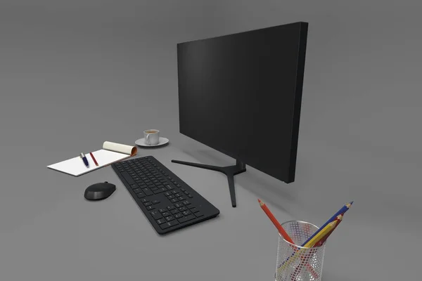 Modern Computer Monitor Keyboard Mouse Work Desk Render — Stock Photo, Image