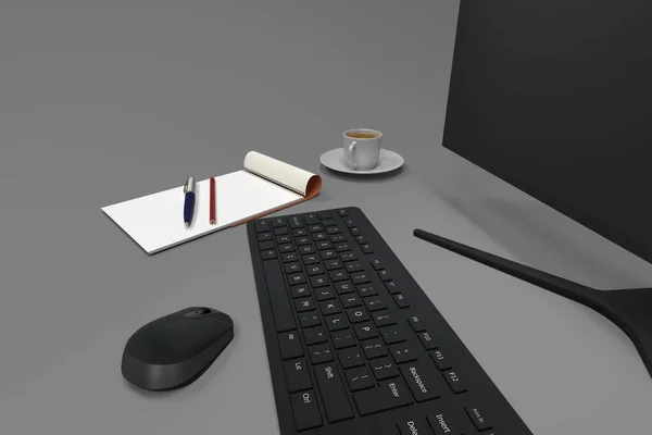 Σύγχρονη Οθόνη Υπολογιστή Πληκτρολόγιο Και Ποντίκι Γραφείο Εργασίας Καθιστούν — Φωτογραφία Αρχείου