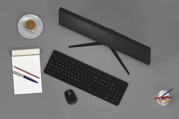 Modern bilgisayar monitörü, klavye ve fare, çalışma masası, 3D görüntüleme