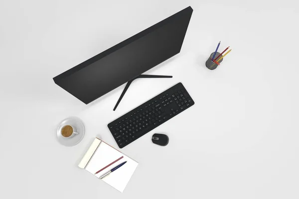 Modern Computer Monitor Keyboard Mouse Work Desk Render — Stock Photo, Image