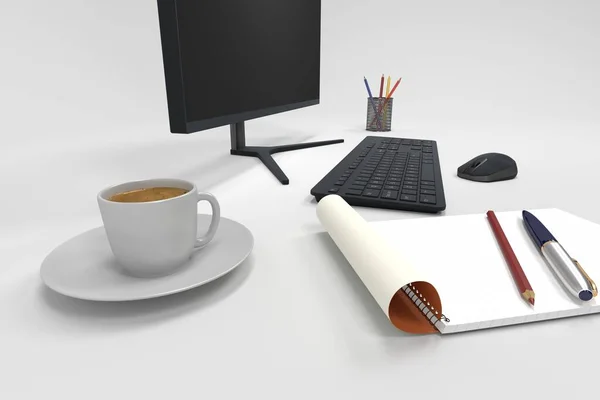 Modern Computer Monitor Keyboard Mouse Work Desk Render — Stock Photo, Image