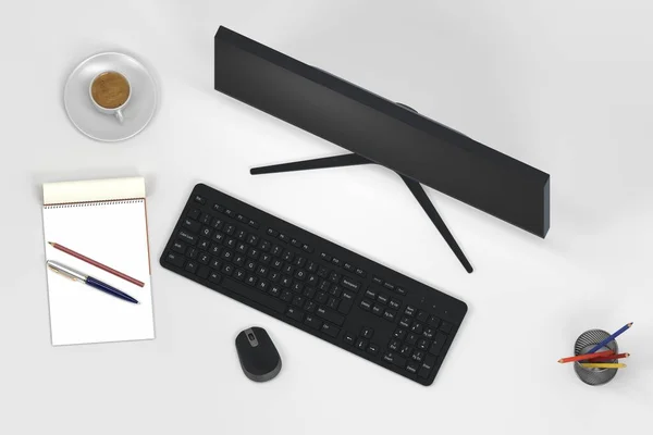 Modern Computer Monitor Keyboard Mouse Work Desk Render — Stock Photo, Image