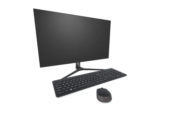 Monitor Computador Moderno Teclado Mouse Mesa Trabalho Renderização — Fotografia de Stock