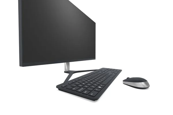 Monitor Computador Moderno Teclado Mouse Mesa Trabalho Renderização — Fotografia de Stock