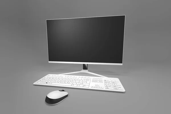 Modern Computer Monitor Keyboard Mouse Work Desk Render — Stock Photo, Image