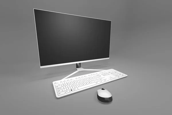 现代计算机显示器 键盘和鼠标 工作台 3D渲染 — 图库照片