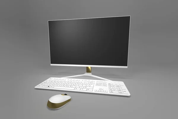 Modern Computer Monitor Keyboard Mouse Work Desk Render — Stock Photo, Image
