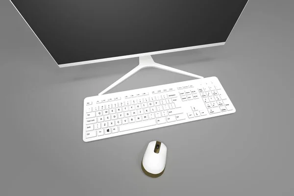 Σύγχρονη Οθόνη Υπολογιστή Πληκτρολόγιο Και Ποντίκι Γραφείο Εργασίας Καθιστούν — Φωτογραφία Αρχείου
