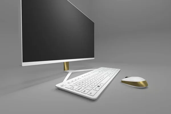Modern Bilgisayar Monitörü Klavye Fare Çalışma Masası Görüntüleme — Stok fotoğraf