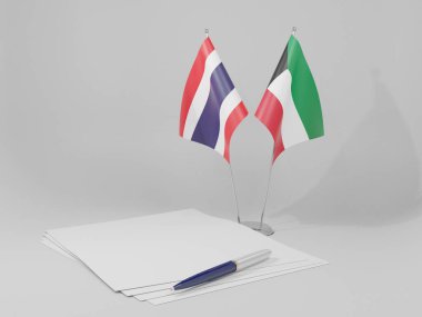 Kuveyt - Tayland Anlaşması Bayrakları, Beyaz Arkaplan - 3D Render