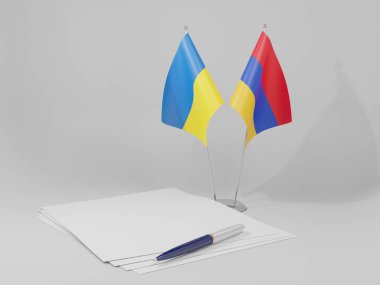 Ermenistan - Ukrayna Anlaşması Bayrakları, Beyaz Arkaplan - 3D Render