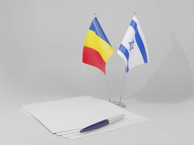 İsrail - Romanya Anlaşması Bayrakları, Beyaz Arkaplan - 3D Hazırlama