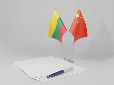 Çin - Litvanya Anlaşması Bayrakları, Beyaz Arkaplan - 3D Render