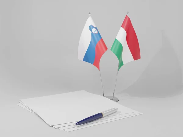 Ungarn Slowenien Abkommen Flaggen Weißer Hintergrund Render — Stockfoto