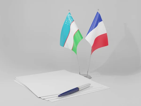 France Drapeaux Accord Ouzbékistan Fond Blanc Render — Photo