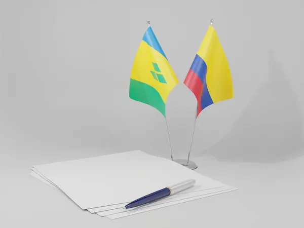 Colombie Drapeaux Accord Saint Vincent Les Grenadines Fond Blanc Render — Photo