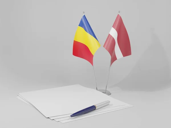 ラトビア ルーマニアの協定旗 白い背景 3Dレンダリング — ストック写真