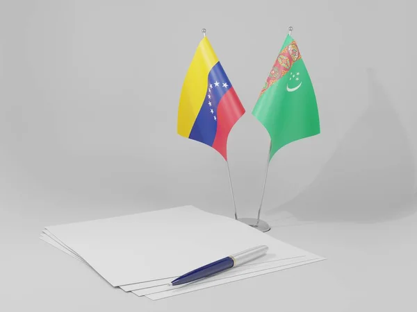 Turkmenistán Banderas Del Acuerdo Venezuela Fondo Blanco Render —  Fotos de Stock