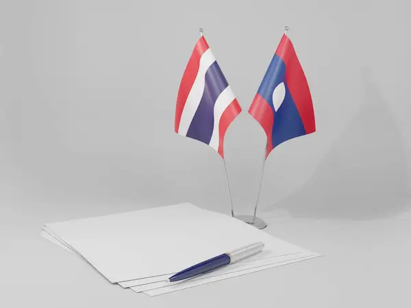 Laos Bandeiras Acordo Tailândia Fundo Branco Render — Fotografia de Stock
