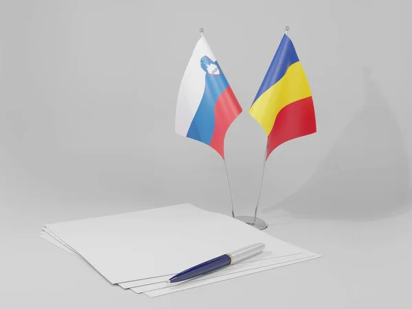 Rumania Banderas Del Acuerdo Eslovenia Fondo Blanco Render —  Fotos de Stock
