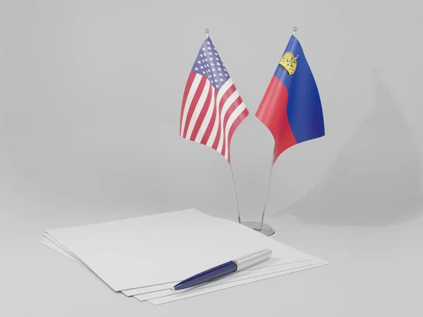 列支敦士登 美利坚合众国协定旗帜 白色背景 3D渲染 — 图库照片