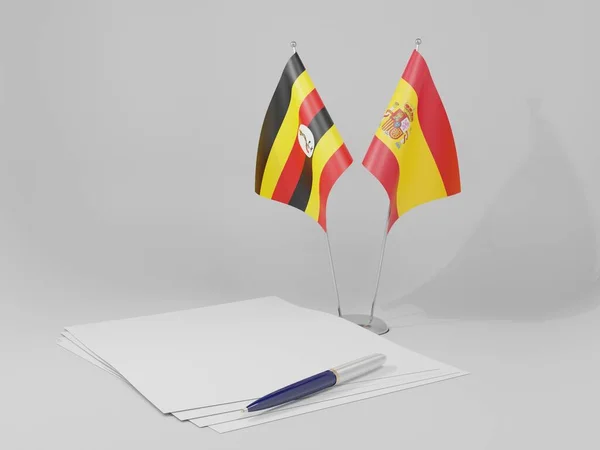 Espanha Acordos Uganda Bandeiras Fundo Branco Render — Fotografia de Stock