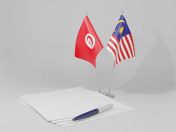 Malajsie Tunisko Dohody Vlajky Bílé Pozadí Vykreslování — Stock fotografie