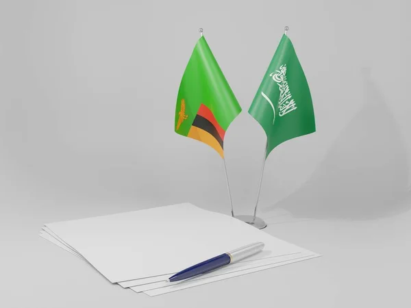 Arábia Saudita Bandeiras Acordo Zâmbia Fundo Branco Render — Fotografia de Stock