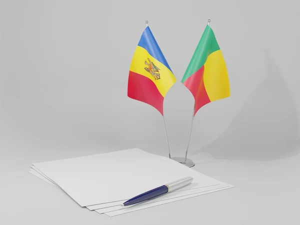 Benin Moldova Anlaşması Bayrakları Beyaz Arkaplan Render — Stok fotoğraf