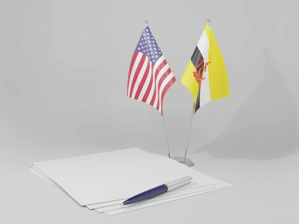 Brunei United States America Agreement Flags White Background Render — Stock Photo, Image