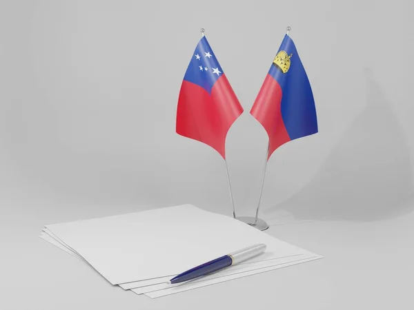 Liechtenstein Banderas Del Acuerdo Samoa Fondo Blanco Render —  Fotos de Stock