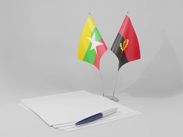 Angola Birmania Banderas Del Acuerdo Fondo Blanco Render — Foto de Stock
