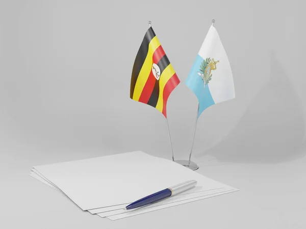 San Marino Bandiere Dell Accordo Uganda Sfondo Bianco Render — Foto Stock