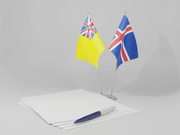 Islandia Banderas Del Acuerdo Niue Fondo Blanco Render —  Fotos de Stock