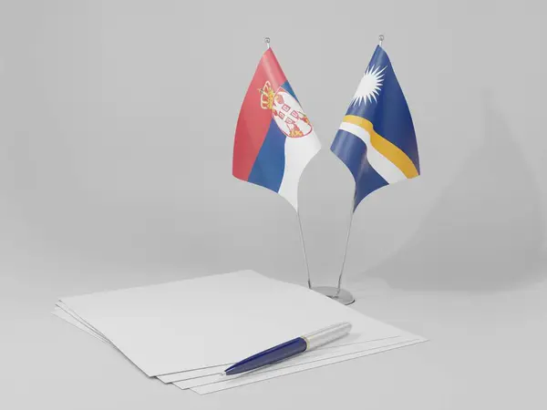 Islas Marshall Banderas Del Acuerdo Serbia Fondo Blanco Render —  Fotos de Stock