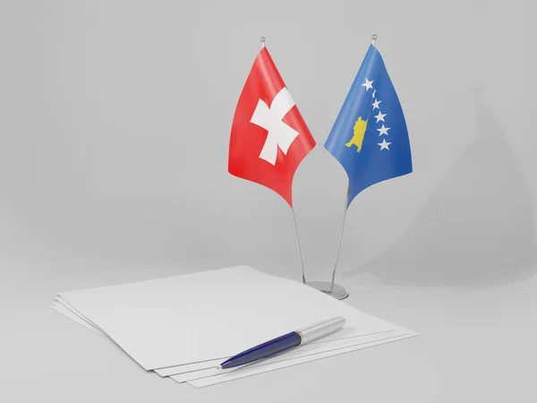 Kosovo Switzerland Agreement Flags White Background Render — стокове фото