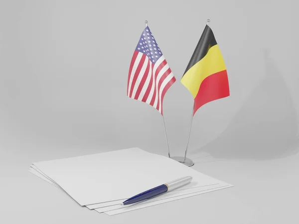 Belçika - Amerika Birleşik Devletleri Anlaşması Bayrakları, Beyaz Arkaplan - 3D Render