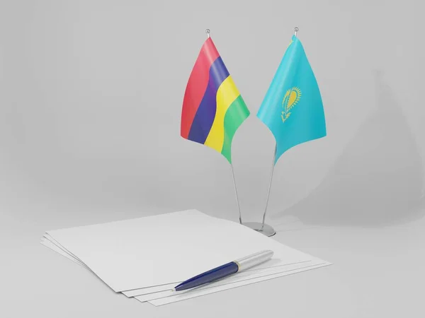 Cazaquistão Acordo Maurício Bandeiras Fundo Branco Render — Fotografia de Stock