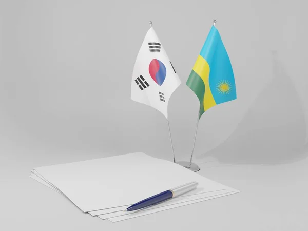 Ruanda Acordo Coreia Sul Bandeiras Fundo Branco Render — Fotografia de Stock