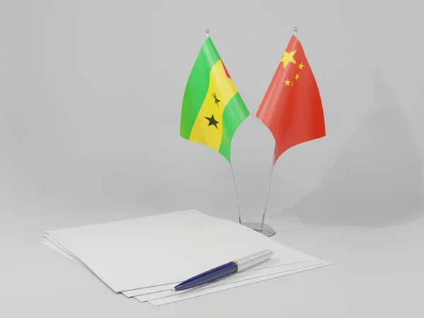 Κίνα Σάο Τομέ Και Πρίνσιπε Σημαίες Συμφωνία Λευκό Φόντο Render — Φωτογραφία Αρχείου