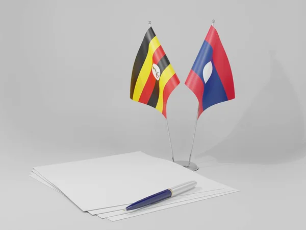 Lao Uganda Agreement Flags White Background Render — 图库照片