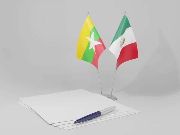 México Bandeiras Acordo Mianmar Fundo Branco Render — Fotografia de Stock