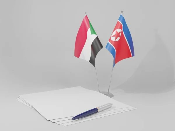 North Korea Sudan Agreement Flags White Background Render — стокове фото