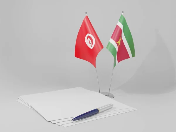 Surinam Tunisien Avtal Flaggor Vit Bakgrund Render — Stockfoto