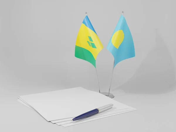 Palau Saint Vincent Grenadines Agreement Flags White Background Render — 스톡 사진